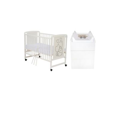 Set mobilier pentru copii, Qmini: Patut din lemn de pin si MDF cu roti, cu somiera reglabila in 3 trepte, Timmi Heart, 120x60 cm + Saltea cocos-burete-cocos, 10 cm + Comoda cu masuta de infasat, Alb