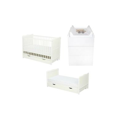 Set mobilier pentru copii, Qmini: Patut multifunctional din lemn de pin, cu sertar si somiera reglabila in 3 trepte, Julia, cu protectie dentitie, 120x60 cm + Saltea cocos-burete 8 cm + Comoda Qmini cu masa infasat, Alb