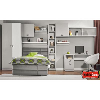 Dormitor Amigo, Modular Cu Pat Tapițat Și Dulap, PAL Melaminat, Gri