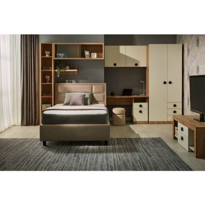 Dormitor Amigo, set modular complet, spații generoase depozitare, pat tapițat cu sertar, PAL melaminat, 120x200 cm, Artisan-Crem