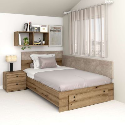 Oferta Pat colt de o persoana AMBRO, 120x200, sertar frontal, Stejar cu saltea si noptiera inclusa