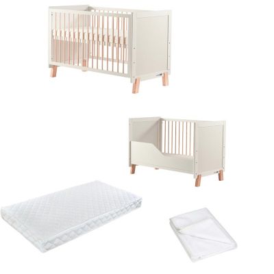 Pachet Patut din lemn bebe, 120x60 cm, Transformabil, FreeON, Ava, Saltea 120x60x12 cm si protectie impermeabila