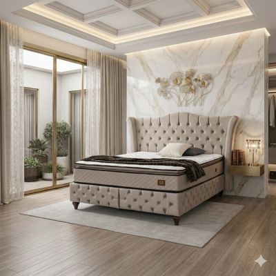 Pat Adel cu saltea Gratis, crem - 160x200 cm, design elegant, confort premium, structură rezistentă