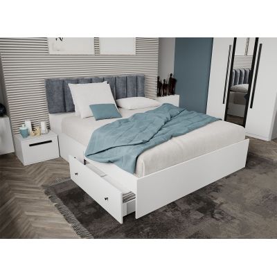 Pat Alb cu tapiterie Gri deschis 140x200 2 Seturi ( 4 sertare )