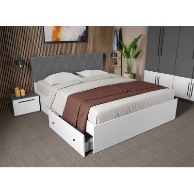 Pat Alb cu tapiterie gri - Sidney 180x200 2 Seturi ( 4 sertare )