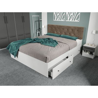 Pat Alb cu tapiterie Maro - Madrid 140x200 2 Seturi ( 4 sertare )