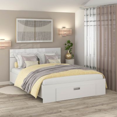 Pat AMBRO, 140x200, sertar frontal, Alb cu saltea inclusa