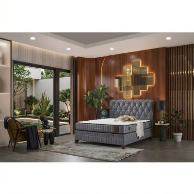 Pat cu saltea Gratis Comfort, gri - 160x200 cm, ladă depozitare, somieră rabatabilă, topper confort, structură metal + lemn + PAL, tapițerie stofă premium