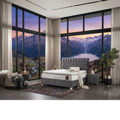 Pat cu saltea Gratis Lexus, gri - 160x200 cm, ladă depozitare, topper integrat, structură metal + lemn + PAL, tapițerie stofă premium