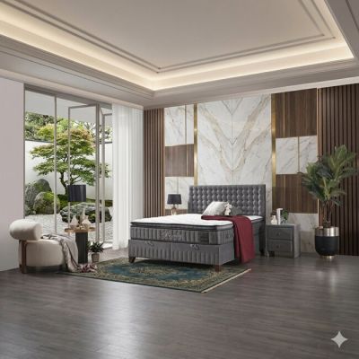 Pat cu saltea Gratis Wooly, gri - 160x200 cm, ladă depozitare, design modern, topper inclus, structură metal + lemn + PAL, tapițerie stofă premium