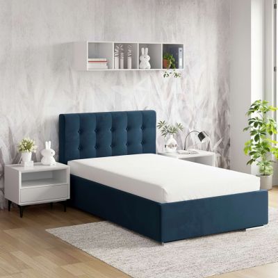 Pat de colt copii GEORGIA cu saltea inclusa, 90x200, somiera rabatabila, catifea Albastra la reducere