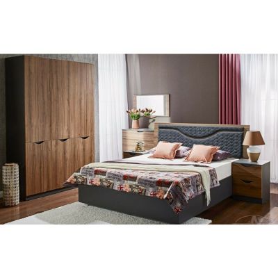 Pat Happy cu spațiu de depozitare, tapițat cu stofă, PAL și MDF, 160x200 cm, nuc