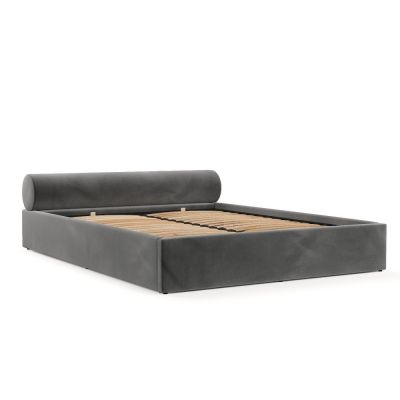 Pat matrimonial gri închis tapițat cu spațiu de depozitare cu somieră 140x200 cm Solvo – Maison de Rêve