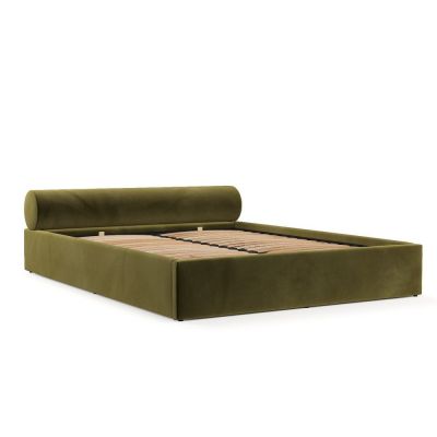 Pat matrimonial verde închis tapițat cu spațiu de depozitare cu somieră 140x200 cm Solvo – Maison de Rêve