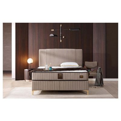 Pat Nova, Bej - 160x200 cm, ladă depozitare rabatabilă, amortizoare integrate, design elegant, stofă catifelată premium