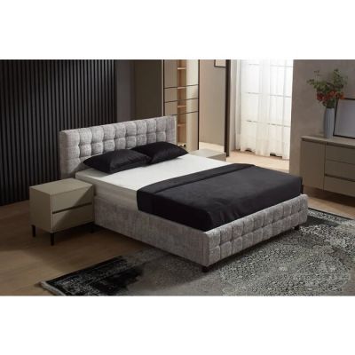 Pat Rio cu spațiu de depozitare, stofă boucle, PAL și MDF, 160x200 cm, gri deschis la reducere