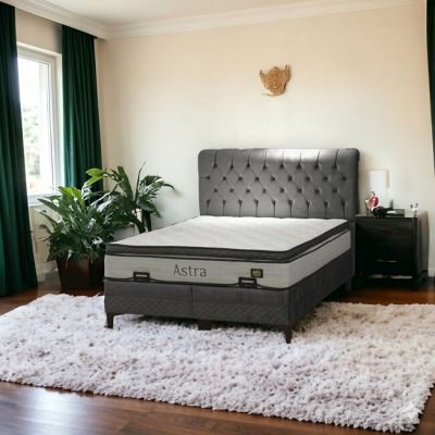 Pat + Saltea gratis Astra, gri - 180x200 cm, design modern, capitonare din catifea, ladă spațioasă de depozitare, structură solidă