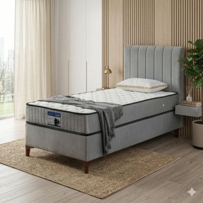 Pat + Saltea gratis Calia, gri - 100x200 cm, design minimalist, capitonare elegantă, structură rezistentă