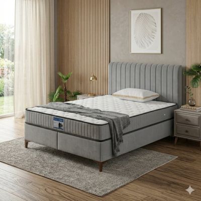 Pat + Saltea gratis Calia, gri - 180x200 cm, confort premium, capitonare modernă, structură solidă, țesătură respirabilă