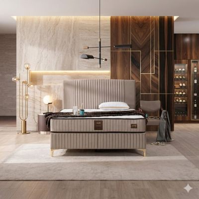 Pat + Saltea gratis Nova, crem - 180x200 cm, lada depozitare, tesatura premium