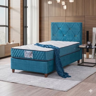 Pat + Saltea Gratis Yakut, albastru - 100x200 cm, capitonare eleganta, spatiu depozitare