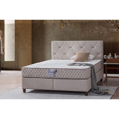 Pat + Saltea gratis Yakut, crem - 180x200 cm, capitonare premium, spatiu depozitare, confort ortopedic