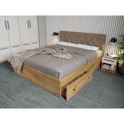 Pat Stejar Auriu cu tapiterie maro - Madrid 140x200 1 Set ( 2 sertare )