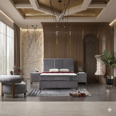 Pat Tapițat cu saltea Gratis Bella, gri - 160X200 cm, ladă depozitare, tapițerie catifea premium, structură metal + PAL