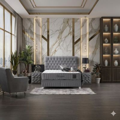 Pat tapițat cu saltea Gratis Sensitive 160x200 cm gri cu somieră rabatabilă, ladă depozitare