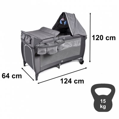 Patut de calatorie multifunctional pentru copii, pliabil, pe doua nivele, cadru stabil din aluminiu, accesorii incluse, cu saltea 60 x 120 x 1cm si geanta de depozitare inclusa