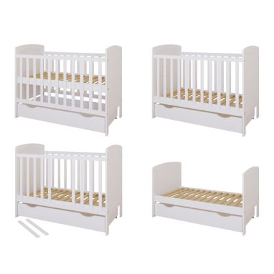 Patut din lemn Nichiduta Philip Alb 120x60 cm cu Laterala detasabila,Sertar cu roti,Margine din silicon pentru protectie dintisori,Design elegant,Vopsele si materiale sigure,3 Nivele reglare somiera,Margini rotunjite