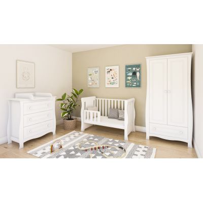 Patut din lemn si MDF Nichiduta Megan II Alb cu sertar,sistem 2 bare detasabile,bariera de protectie inclusa,vopsele ecologice pe baza de apa,margini rotunjite,dimeniuni interioare 120x60cm