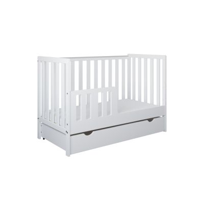 Patut din lemn si MDF pentru copii Nichiduta Bambi Alb cu sertar pe roti,sistem 2 bare detasabile,vopsele ecologoce pe baza de apa,margini rotunjite,dimensiuni interioare 120x60 cm