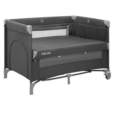 Patut pliant, Baby Mix, Cu doua nivele, Cu laterala culisanta, 120x60 cm, Ideal pt calatorii si uz cotidian, Cu intrare laterala cu fermoar, Roti, Conform cu standardul EN 716: 2017-07, Grey