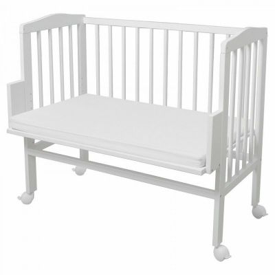 Patut suplimentar, Waldin, 2 in 1 pentru copii, 90 cm x 55 cm, lemn de fag, vopsea certificata, roti blocabile, laterala detasabila, co-sleeping, Saltea inclusa, Alb, Resigilat
