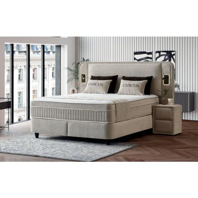 Set Pat + Saltea Cancun Cu LED și Lada Depozitare, Stofă Symphony Pearl, 160x200 cm, Bej