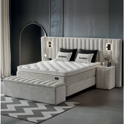 Set Pat + Saltea Florida Cu LED și Lada Depozitare, Stofă Symphony Pearl, 160x200 cm, Bej