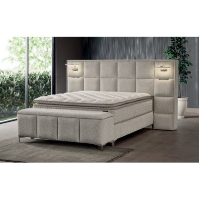 Set Pat + Saltea GRATIS I Sleep Cu LED, Lada Depozitare, Stofă Antology, 180x200 cm, Crem