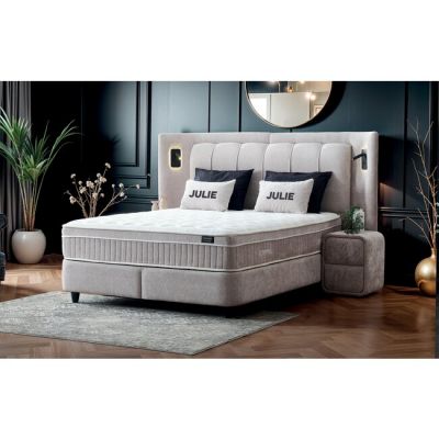 Set Pat + Saltea Julie Cu LED și Lada Depozitare, Stofă Symphony Pearl, 160x200 cm, Bej