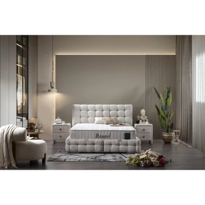 Set Pat + Saltea Monart Cu Ladă Depozitare, Stofă Premium, 160x200 cm, Crem