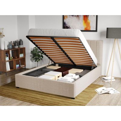 Pat Tapitat Adam cu somiera rabatabila si lada de depozitare Bej - Falcone 102 160x200