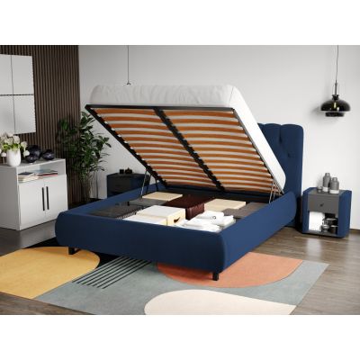 Pat Tapitat Catifea Mega cu somiera rabatabila si lada de depozitare Albastru inchis - Riviera 81 160x200