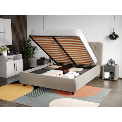 Pat Tapitat Catifea Mega cu somiera rabatabila si lada de depozitare Bej - Velluto 1 180x200