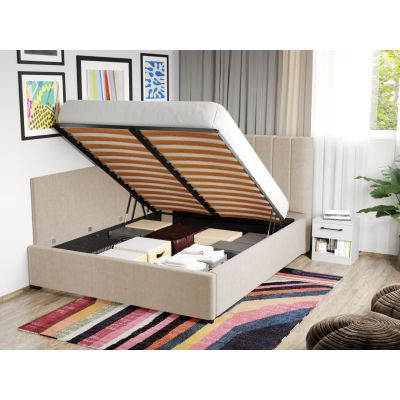 Pat Tapitat de colt Adam cu somiera rabatabila si lada de depozitare Bej - Falcone 102 160x200