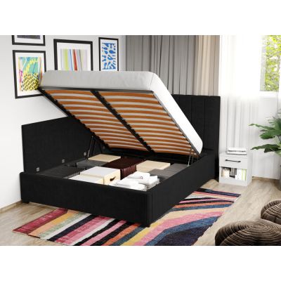 Pat Tapitat de colt Adam cu somiera rabatabila si lada de depozitare Negru - Poso 135 140x200