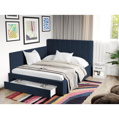 Pat Tapitat de colt Adam cu somiera si sertar Albastru - Falcone 80