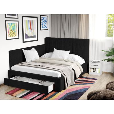 Pat Tapitat de colt Adam cu somiera si sertar Negru - Poso 135