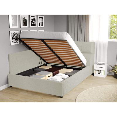 Pat Tapitat de colt Galileo cu somiera rabatabila si lada de depozitare Alb - Coral 15 180x200