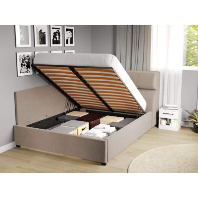 Pat Tapitat de colt Galileo cu somiera rabatabila si lada de depozitare Bej - Jasmine 22 160x200