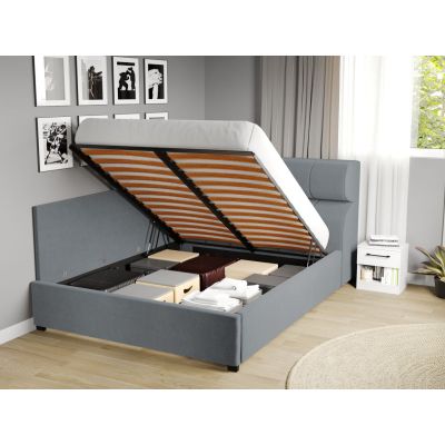 Pat Tapitat de colt Galileo cu somiera rabatabila si lada de depozitare Gri - Jasmine 90 160x200